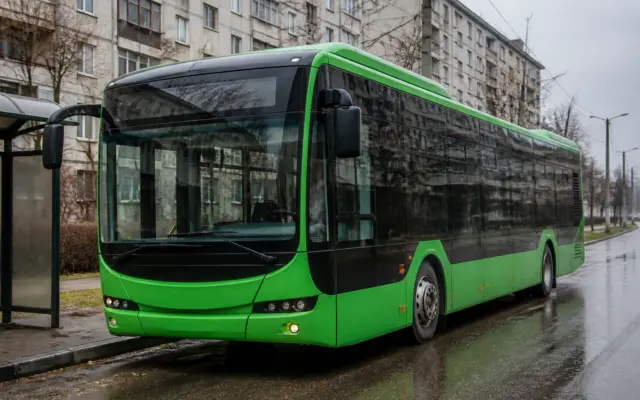 Un autobuz electric modern de culoare verde aprins oprit într-o stație pe marginea unei străzi urbane umede, cu clădiri de apartamente de tip bloc în fundal