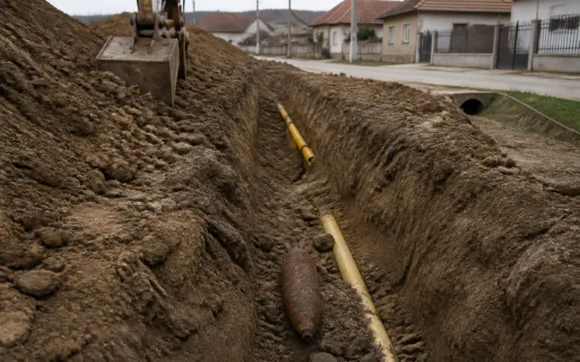 Un șanț lung săpat în pământ de-a lungul unei străzi rurale, cu o conductă galbenă de gaz vizibilă pe fundul acestuia