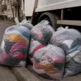 Câțiva saci de plastic transparenți plini cu haine colorate sunt așezați pe trotuar lângă roata și caroseria unei autospeciale de salubrizare albe