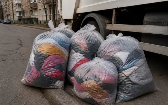 Câțiva saci de plastic transparenți plini cu haine colorate sunt așezați pe trotuar lângă roata și caroseria unei autospeciale de salubrizare albe